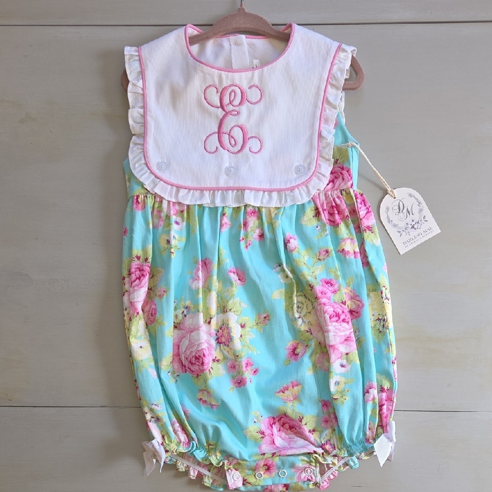 Monogram Floral Bubble Dress with White Bib - Aqua & Pink